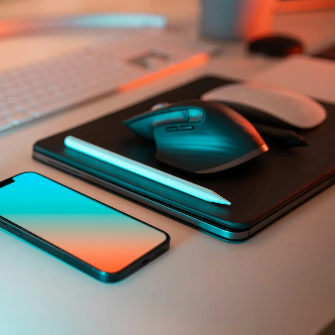 a laptop, mouse, and cell phone on a desk